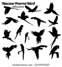 Macau parrot bird silhouettes vector illustration set.