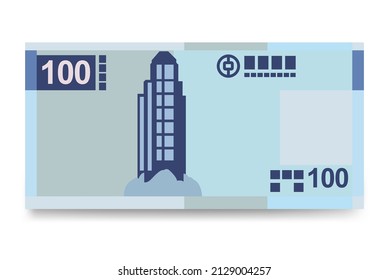 Ilustración del Vector de Macao Pataca. Dinero chino pone billetes en paquete. Dinero en papel 100 MOP. Estilo plano. Aislado sobre fondo blanco. Diseño sencillo y mínimo.