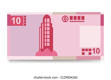 Ilustración del Vector de Macao Pataca. Dinero chino pone billetes en paquete. Dinero en papel 10 MOP. Estilo plano. Aislado sobre fondo blanco. Diseño sencillo y mínimo.