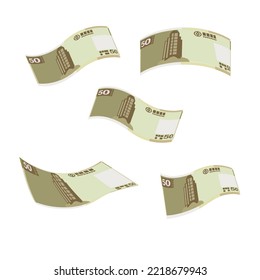 Macau Pataca Vektorgrafik. Chinesische Geldbörse-Bundle-Banknoten. Falling, fliegendes Geld 50 MOPP. Flacher Stil. Einzeln auf weißem Hintergrund. Einfaches minimales Design.