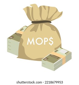 Macau Pataca Vector Illustration. Chinese money set bundle banknotes. Money bag 50 MOP. Flat style. Isolated on white background. Simple minimal design.