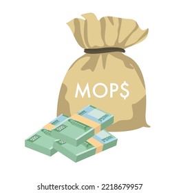 Macau Pataca Vector Illustration. Chinese money set bundle banknotes. Money bag 500 MOP. Flat style. Isolated on white background. Simple minimal design.