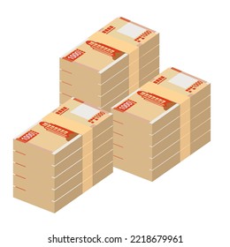 Ilustración del Vector de Macao Pataca. Dinero chino pone billetes en paquete. Dinero en papel 1000 MOP. Estilo plano. Aislado sobre fondo blanco. Diseño sencillo y mínimo.