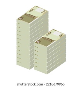 Ilustración del Vector de Macao Pataca. Dinero chino pone billetes en paquete. Dinero en papel 50 MOP. Estilo plano. Aislado sobre fondo blanco. Diseño sencillo y mínimo.