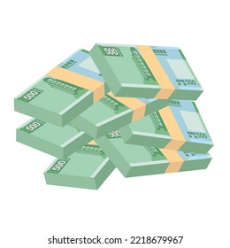 Ilustración del Vector de Macao Pataca. Dinero chino pone billetes en paquete. Dinero en papel 500 MOP. Estilo plano. Aislado sobre fondo blanco. Diseño sencillo y mínimo.