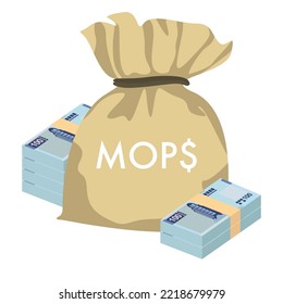 Macau Pataca Vector Illustration. Chinese money set bundle banknotes. Money bag 100 MOP. Flat style. Isolated on white background. Simple minimal design.