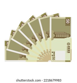Macau Pataca Vektorgrafik. Chinesische Geldbörse-Bundle-Banknoten. Papier Geld 50 MOPP. Flacher Stil. Einzeln auf weißem Hintergrund. Einfaches minimales Design.