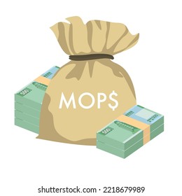 Macau Pataca Vector Illustration. Chinese money set bundle banknotes. Money bag 500 MOP. Flat style. Isolated on white background. Simple minimal design.