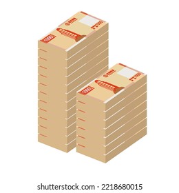 Ilustración del Vector de Macao Pataca. Dinero chino pone billetes en paquete. Dinero en papel 1000 MOP. Estilo plano. Aislado sobre fondo blanco. Diseño sencillo y mínimo.