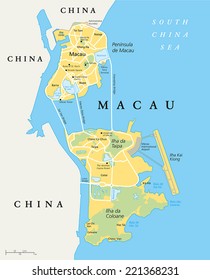 Macau Political Map. Special Administrative Region of the People's Republic of China and the world's largest gambling centre. English labeling and scaling. Illustration.