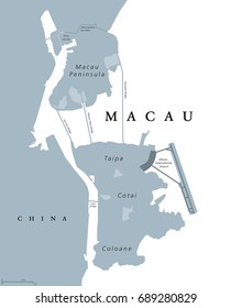 Macau political map. Also spelled Macao. English labeling. Special Administrative Region of Peoples Republic of China in East Asia. Worlds largest gambling centre. Gray illustration over white. Vector