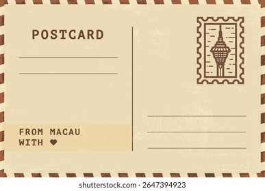 Do modelo de cartão postal de Macau. Ilustração de cartão postal estilo vintage grungy vetor com selo, torre, marco, mensagem. Layout de imagem simples de saudações simples