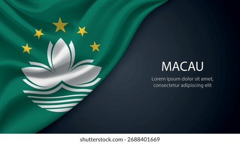 Macao realista ondeando bandera sobre fondo oscuro con elegantes pliegues e iluminación
