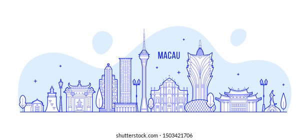 Macau skyline, China. This illustration represents the city with its most notable buildings. Vector is fully editable, every object is holistic and movable