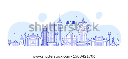 Macau skyline, China. This illustration represents the city with its most notable buildings. Vector is fully editable, every object is holistic and movable