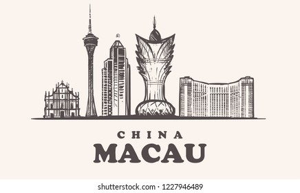 Macau skyline, China vintage vector illustration, hand drawn buildings of Macau city, on white background.