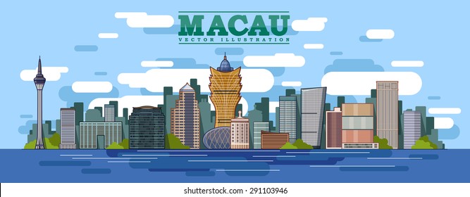 Macau skyline in color background in editable vector file .