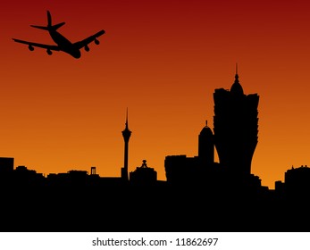 Macau skyline with four engine plane flying overhead illustration