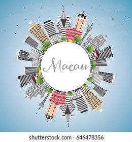 Macau Skyline with Gray Buildings. Blue Sky and Copy Space. Vector Illustration. Business Travel and Tourism Concept with Modern Architecture. Image for Presentation Banner Placard and Web Site.