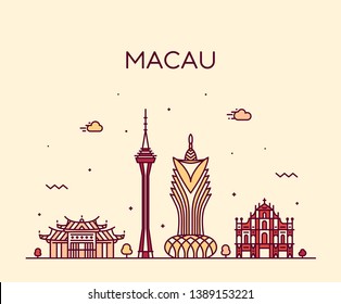 Macau skyline, People's Republic of China. Trendy vector illustration, linear style