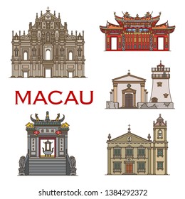 Macau temples and religious historic architecture, famous landmark buildings. Macau vector icons of St Paul cathedral and Saint Antonio church, A-ma temple gates and Guia fortress lighthouse