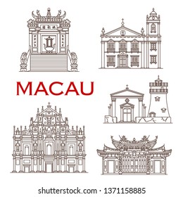 Macau travel landmark vector icons with architectural tourist sights of China. St Anthony Church, Guia Fortress with Lighthouse and Capela, Gate and Building of A-Ma Temple, Ruins of St Paul Church