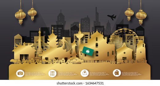 Macau Travel panorama postcard, poster, tour advertising of world famous landmarks in paper cut style. Vectors illustrations