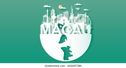 Macau Travel postcard, poster, tour advertising of world famous landmarks in paper cut style. Vectors illustrations