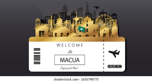 Macau Travel postcard, poster, tour advertising of world famous landmarks in paper cut style. Vectors illustrations