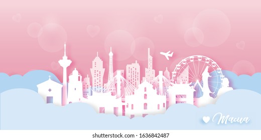 Macau Travel postcard, poster, tour advertising of world famous landmarks in paper cut style. Vectors illustrations
