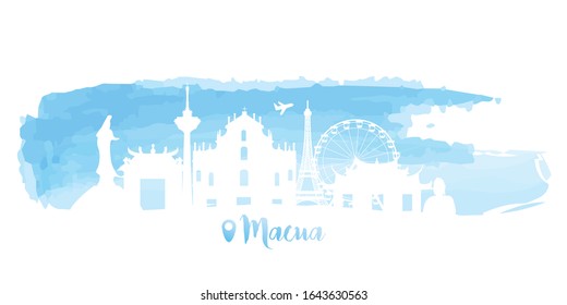 Macau Travel postcard, poster, tour advertising of world famous landmarks in paper cut style. Vectors illustrations