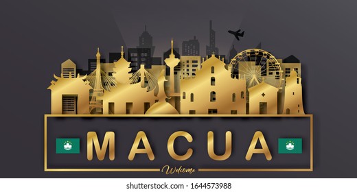 Macau Travel postcard, poster, tour advertising of world famous landmarks in paper cut style. Vectors illustrations