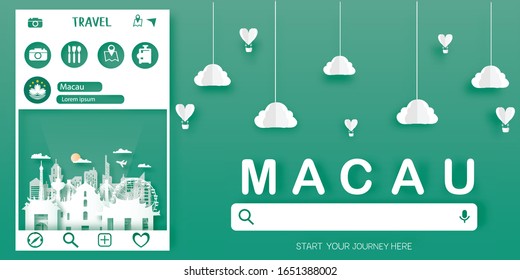 Macau Travel postcard, poster, tour advertising of world famous landmarks in paper cut style. Vectors illustrations