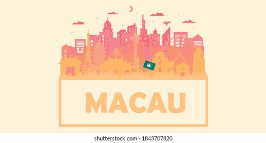 Macau Travel Ticket Postcard, poster, tour advertising of world-famous landmarks of Macau. Vector illustration.