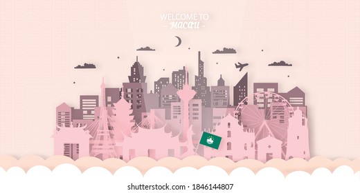 Macau Travel Ticket Postcard, poster, tour advertising of world-famous landmarks of Macau. Vector illustration.