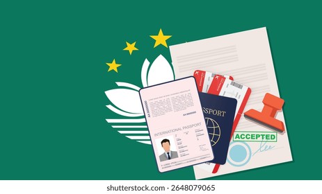Visto de Macau, passaporte com carimbo aberto e documento aprovado para a passagem da fronteira. Conceito de visto de imigração. Plano de fundo com a bandeira de Macau. ilustração vetorial