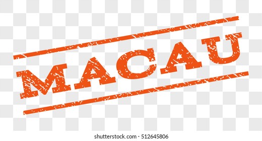 Macau watermark stamp. Text caption between parallel lines with grunge design style. Rubber seal stamp with scratched texture. Vector orange color ink imprint on a chess transparent background.