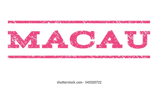 Macau watermark stamp. Text tag between horizontal parallel lines with grunge design style. Rubber seal stamp with dust texture. Vector pink color ink imprint on a white background.