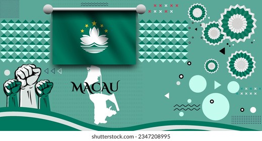 macaw banner for national day with abstract modern design. Macau flag and map with typography. raised fists and embroidery background.  independence day. Vector Illustration.