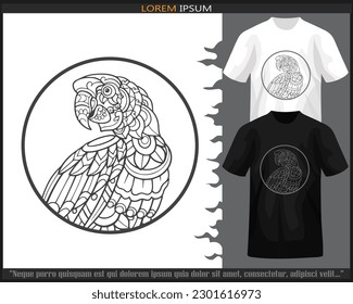 Artes de mandala de cabeza de ave de Macao aisladas con camisetas blancas y negras.