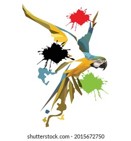Macaw bird illustration with Low polygon isolated on splash colors background . Modern geometric design.	