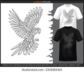 macaw bird mandala arts isolated on black and white t shirt.
