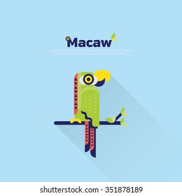Macaw bird or parrot standing on the tree branch with long shadow, Vector illustration draw in flat style and a logo designed for him.