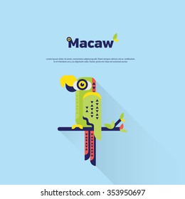 Macaw bird or parrot standing on the tree branch with long shadow, Vector illustration draw in flat style and a logo designed for him.