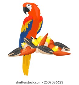 Pájaro de guacamayo con semillas sobre fondo blanco separado