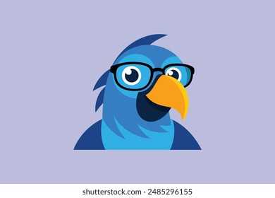 Ara Vogel mit dünner runder Brille, schielende Augen beim Lächeln, Gesicht auf, fröhliche Vektorillustration.