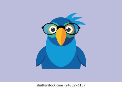 Macaw bird with thin round glasses, squinting eyes while smiling,  face on, happy vector illustration.