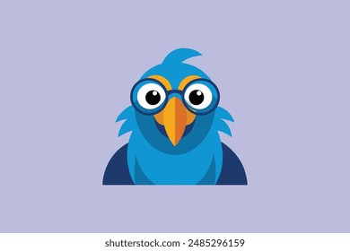 Ara Vogel mit dünner runder Brille, schielende Augen beim Lächeln, Gesicht auf, fröhliche Vektorillustration.