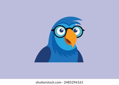 Pájaro guacamayo con gafas finas redondas, ojos entrecerrados mientras sonríe, cara puesta, feliz Ilustración vectorial.
