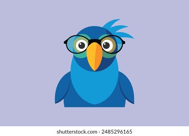 Ara Vogel mit dünner runder Brille, schielende Augen beim Lächeln, Gesicht auf, fröhliche Vektorillustration.